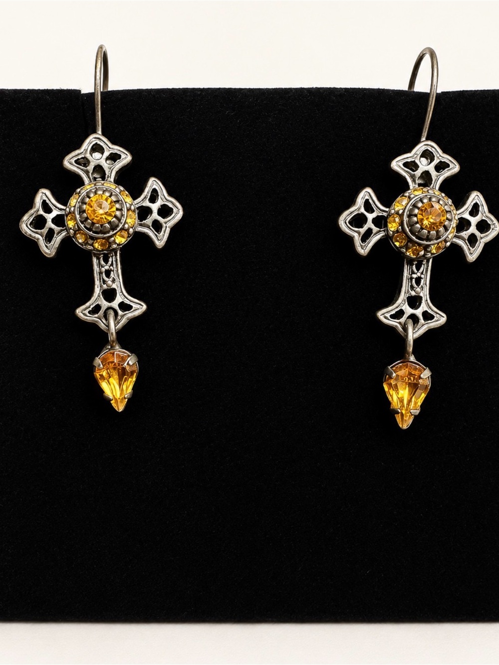 Silver-Tone Cross Dangle Earrings Amber Rhinestones Leverback Vintage Style